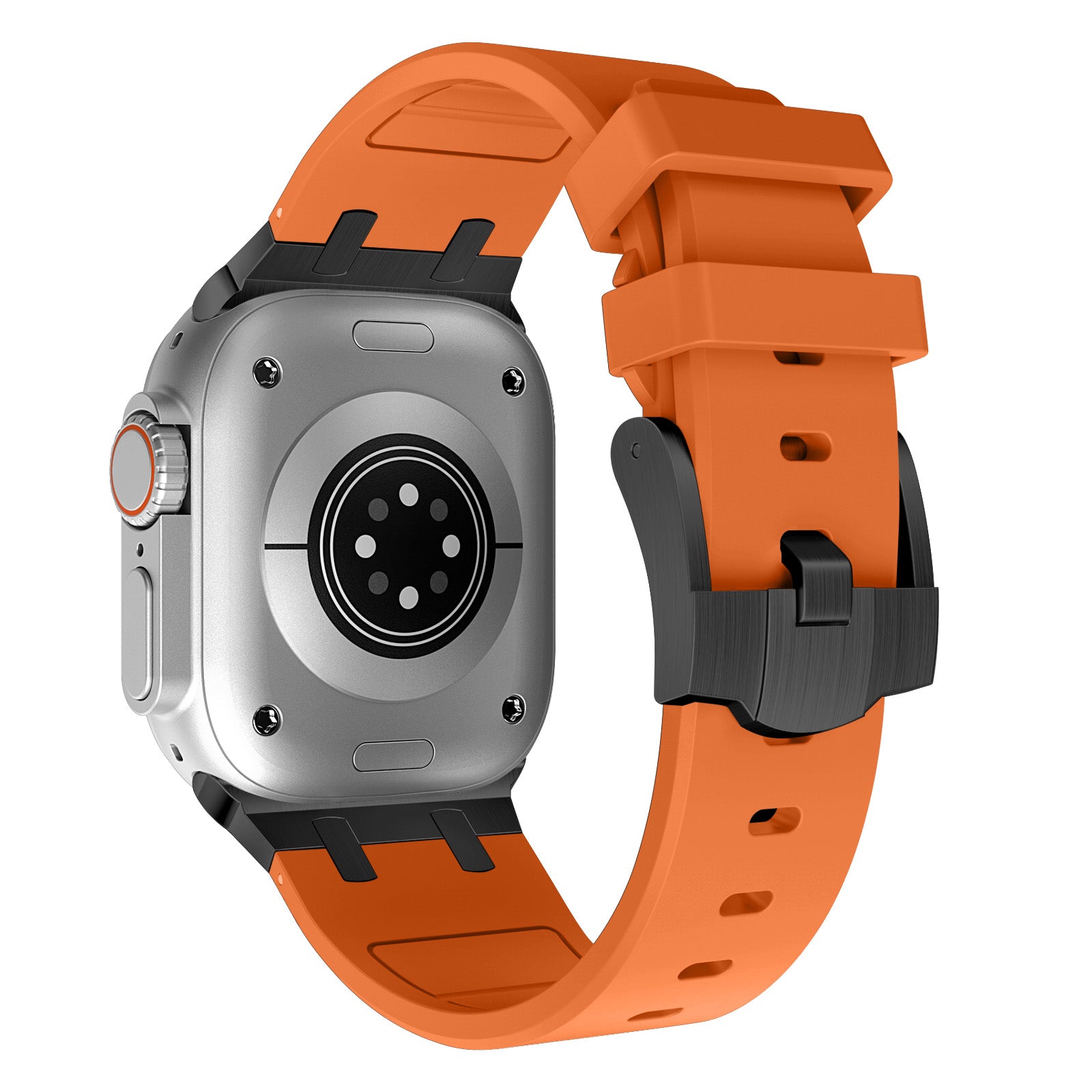 For Apple Watch Ultra 2 Ultra 49mm / Series 9 8 7 45mm / 6 5 4 SE (2023) SE (2022) SE 44mm / 3 2 1 42mm Liquid Silicone Watch Band - Black+Orange For Apple Watch Ultra 2 Ultra 49mm / Series 9 8 7 45mm / 6 5 4 SE (2023) SE (2022) SE 44mm / 3 2 1 42mm Liquid Silicone Watch Band - Black+Orange